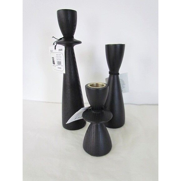 West Elm Tira Wood Taper Candle Holders Black Ash  Set 3 w Candles - Picture 3 of 13